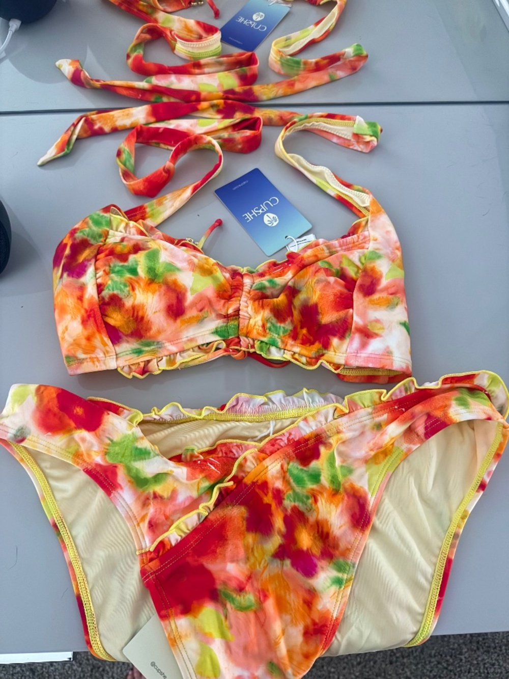 Cupshe Watercolor Floral Bikini Set | Halter Bandeau & Lettuce Trim Bottoms